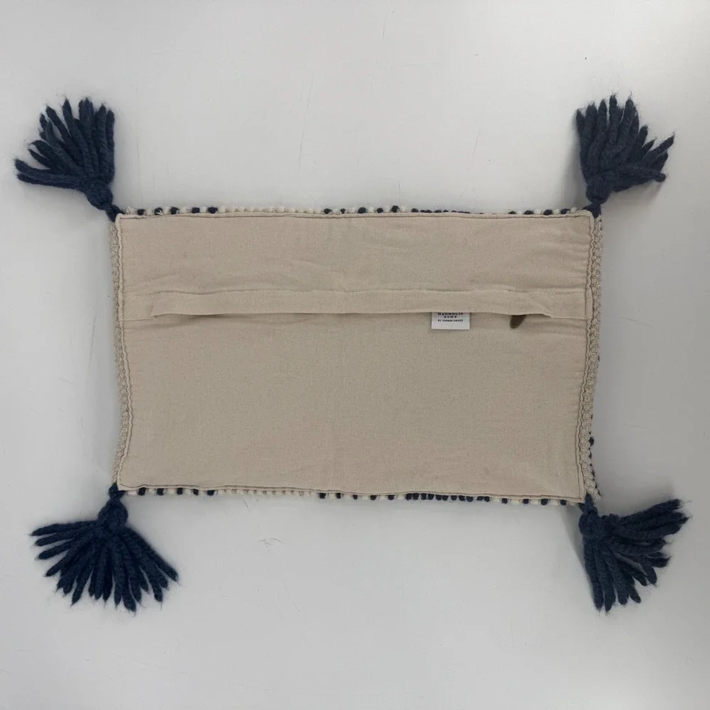 Magnolia Home Joanna Gaines Tufted Wool Navy Cream Textured Tassel Pillow Cover
